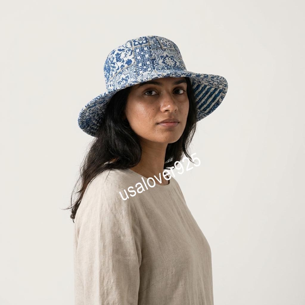 Handmade Cotton Sun Hat, Blue Tile Block Print Wide Brim Bucket Hat
