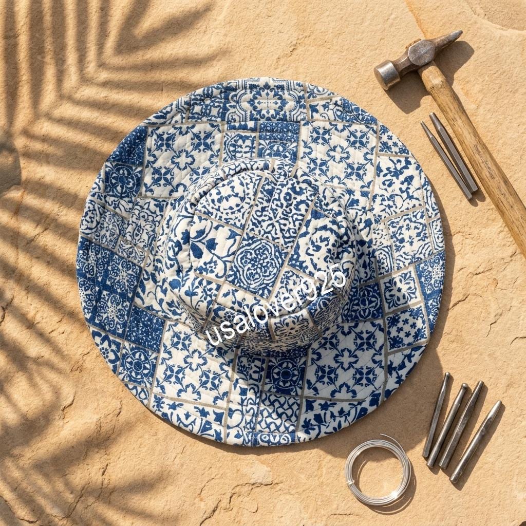 Handmade Cotton Sun Hat, Blue Tile Block Print Wide Brim Bucket Hat