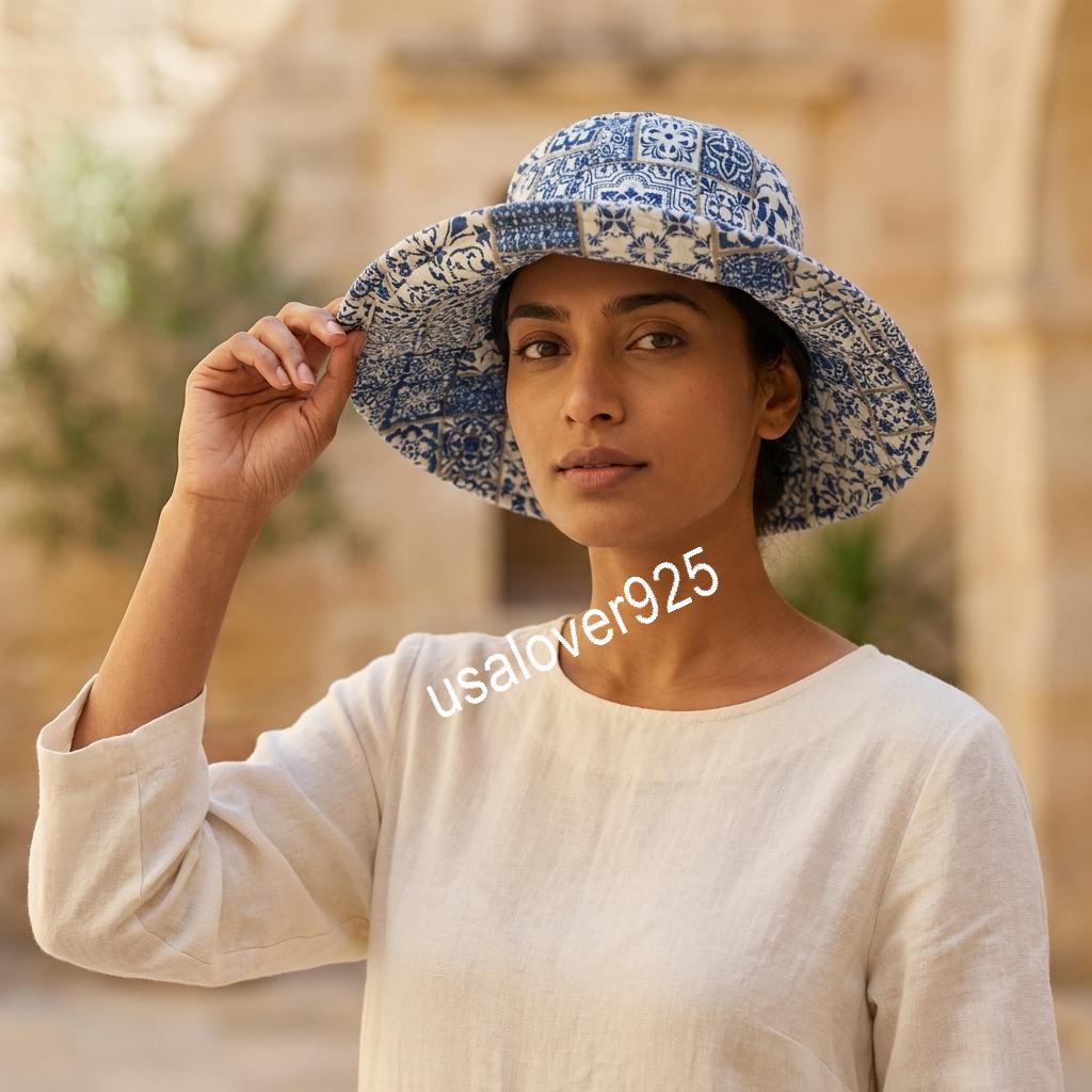 Handmade Cotton Sun Hat, Blue Tile Block Print Wide Brim Bucket Hat