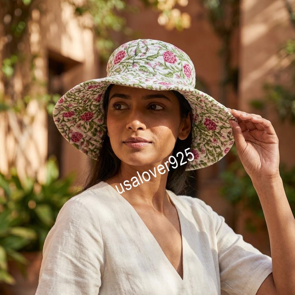 Handmade Cotton Sun Hat, Pink Floral Block Print Wide Brim Bucket Hat