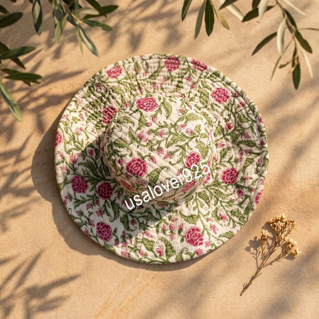 Handmade Cotton Sun Hat, Pink Floral Block Print Wide Brim Bucket Hat