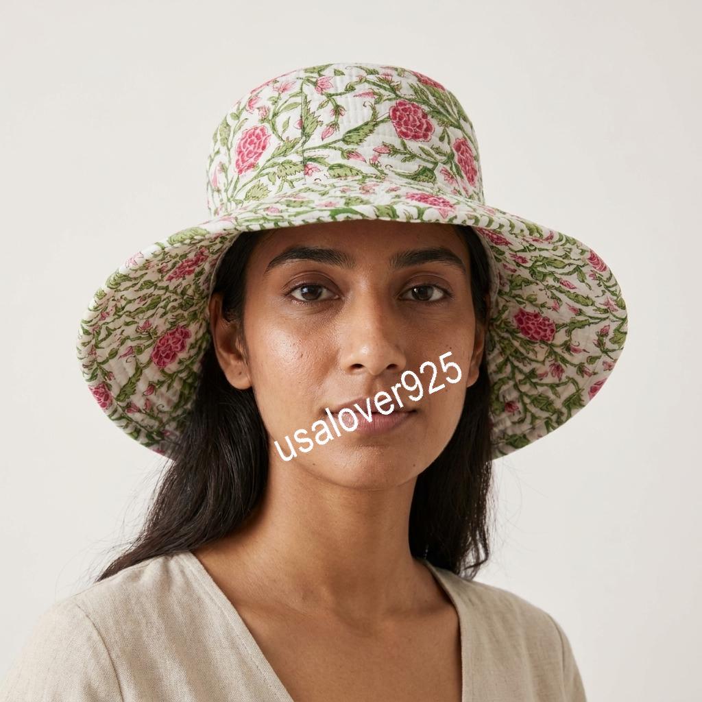 Handmade Cotton Sun Hat, Pink Floral Block Print Wide Brim Bucket Hat