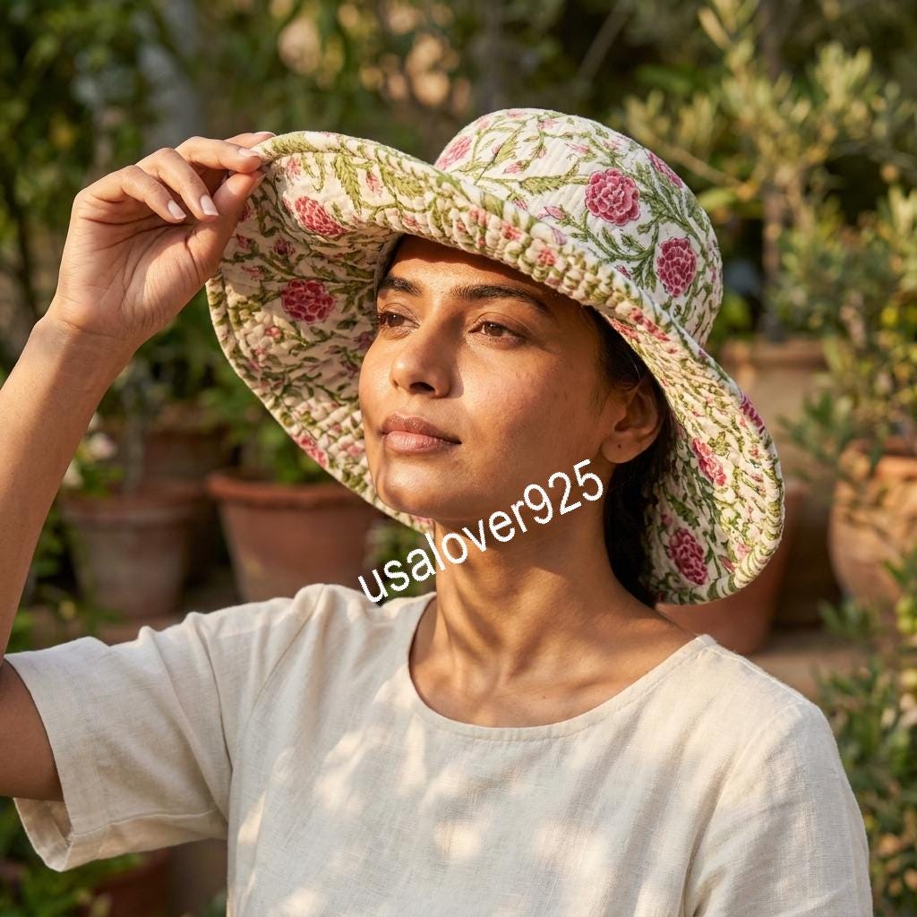 Handmade Cotton Sun Hat, Pink Floral Block Print Wide Brim Bucket Hat