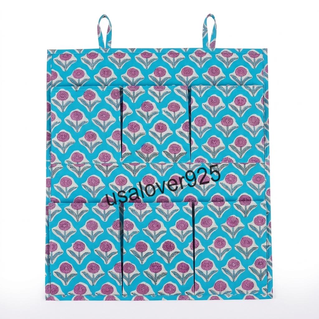 Handmade Cotton Hanging Wall Organizer, Turquoise Purple Floral 6 Pocket Storage Hanger, Door Organizer