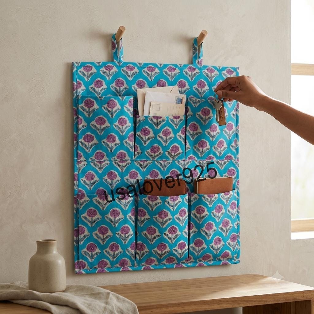 Handmade Cotton Hanging Wall Organizer, Turquoise Purple Floral 6 Pocket Storage Hanger, Door Organizer