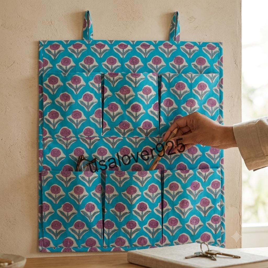Handmade Cotton Hanging Wall Organizer, Turquoise Purple Floral 6 Pocket Storage Hanger, Door Organizer