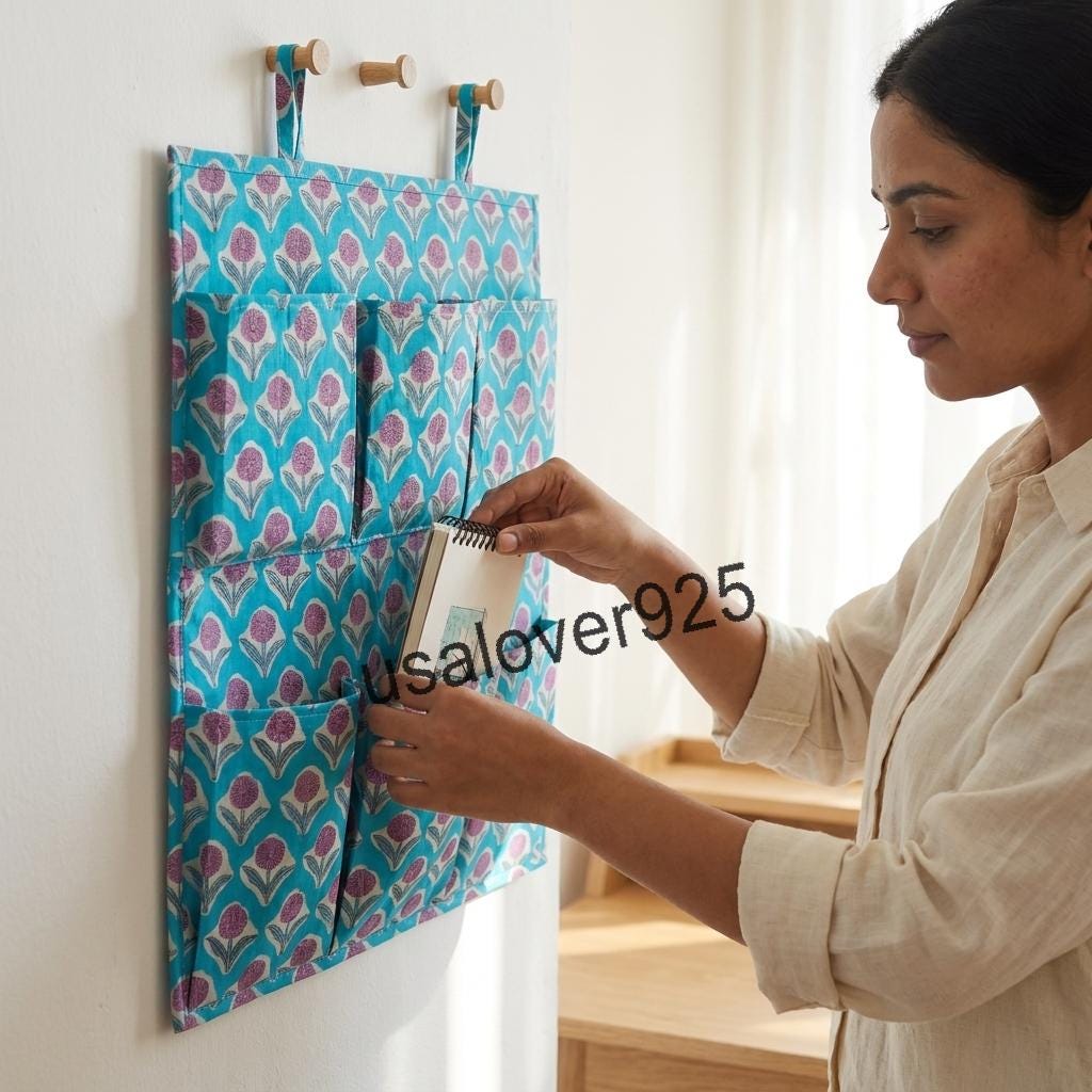 Handmade Cotton Hanging Wall Organizer, Turquoise Purple Floral 6 Pocket Storage Hanger, Door Organizer