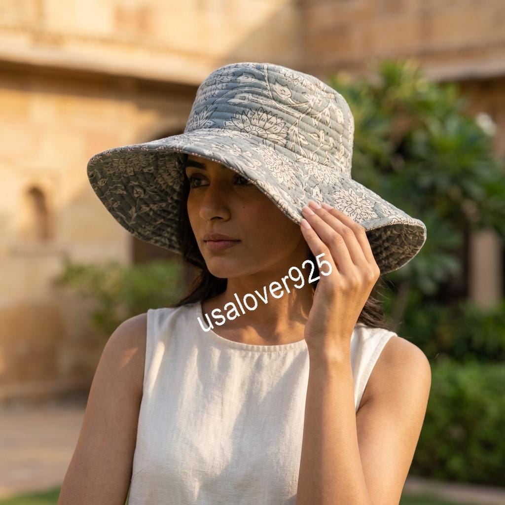 Handmade Quilted Cotton Sun Hat, Grey Floral Wide Brim, Beach Bucket Cap, Summer Accessory