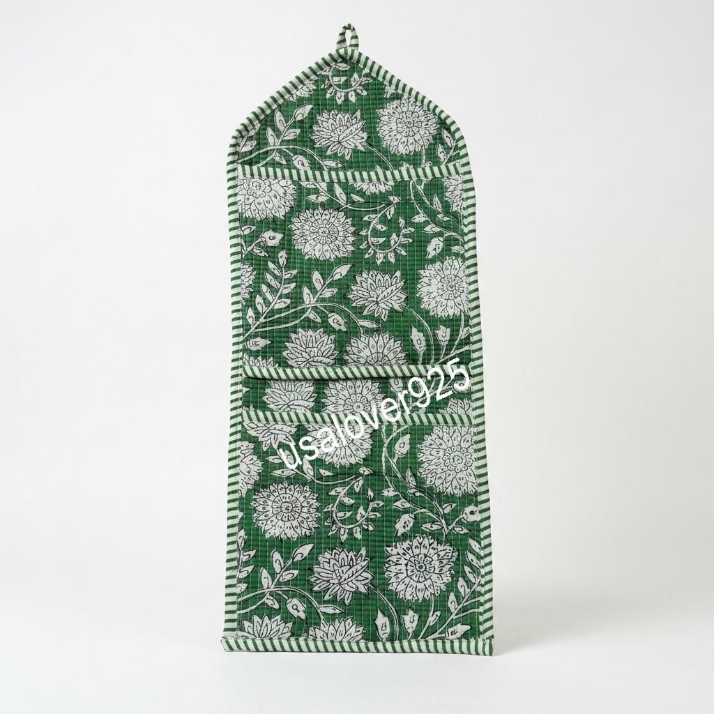 Handmade Quilted Cotton Wall Organizer, Green Floral Pocket Holder, Hanging Storage, Home Decor
