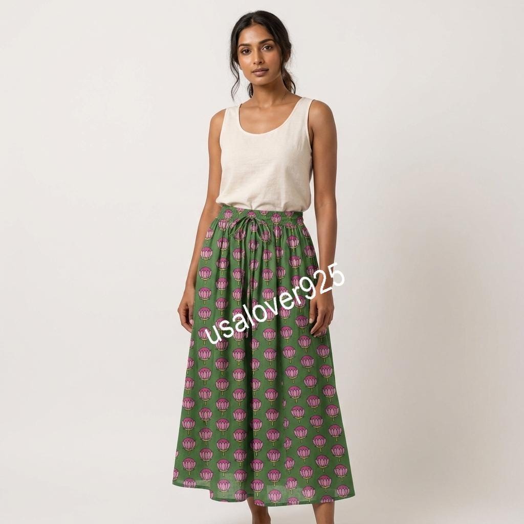 Handmade Cotton Maxi Skirt, Green Pink Floral Boho, Flared Summer Apparel, Elastic Waist Pockets