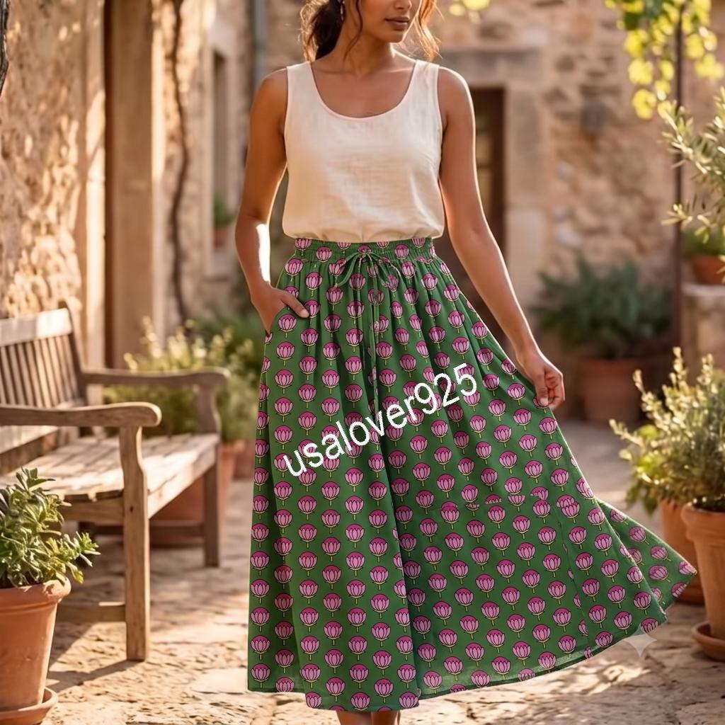 Handmade Cotton Maxi Skirt, Green Pink Floral Boho, Flared Summer Apparel, Elastic Waist Pockets