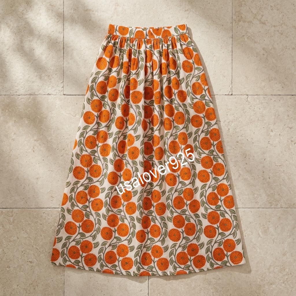 Handblock Printed Cotton Maxi Skirt, Orange Floral Boho, Flared Summer Apparel