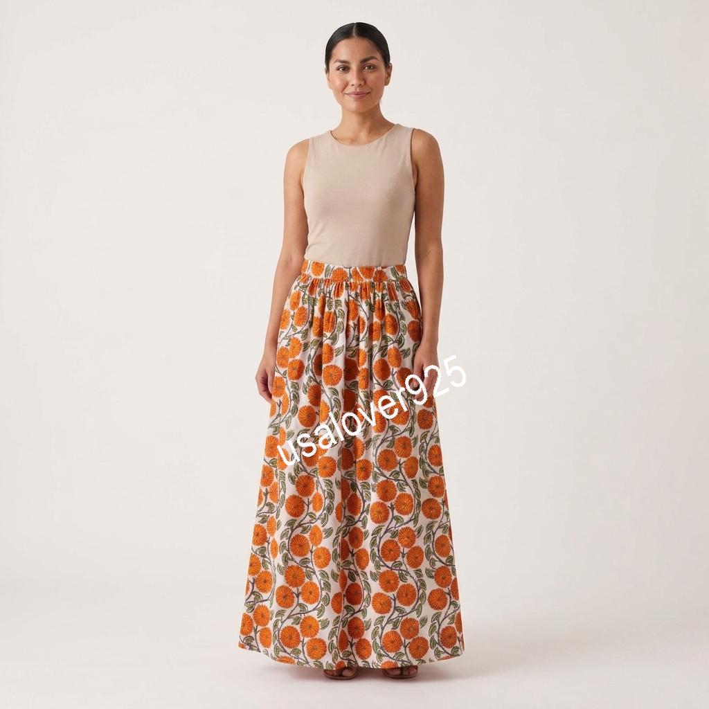 Handblock Printed Cotton Maxi Skirt, Orange Floral Boho, Flared Summer Apparel