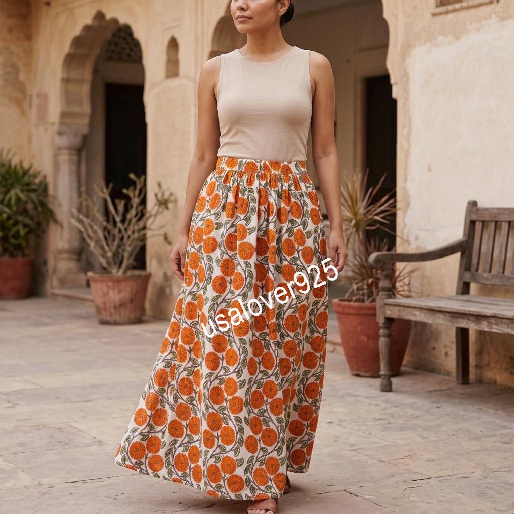 Handblock Printed Cotton Maxi Skirt, Orange Floral Boho, Flared Summer Apparel