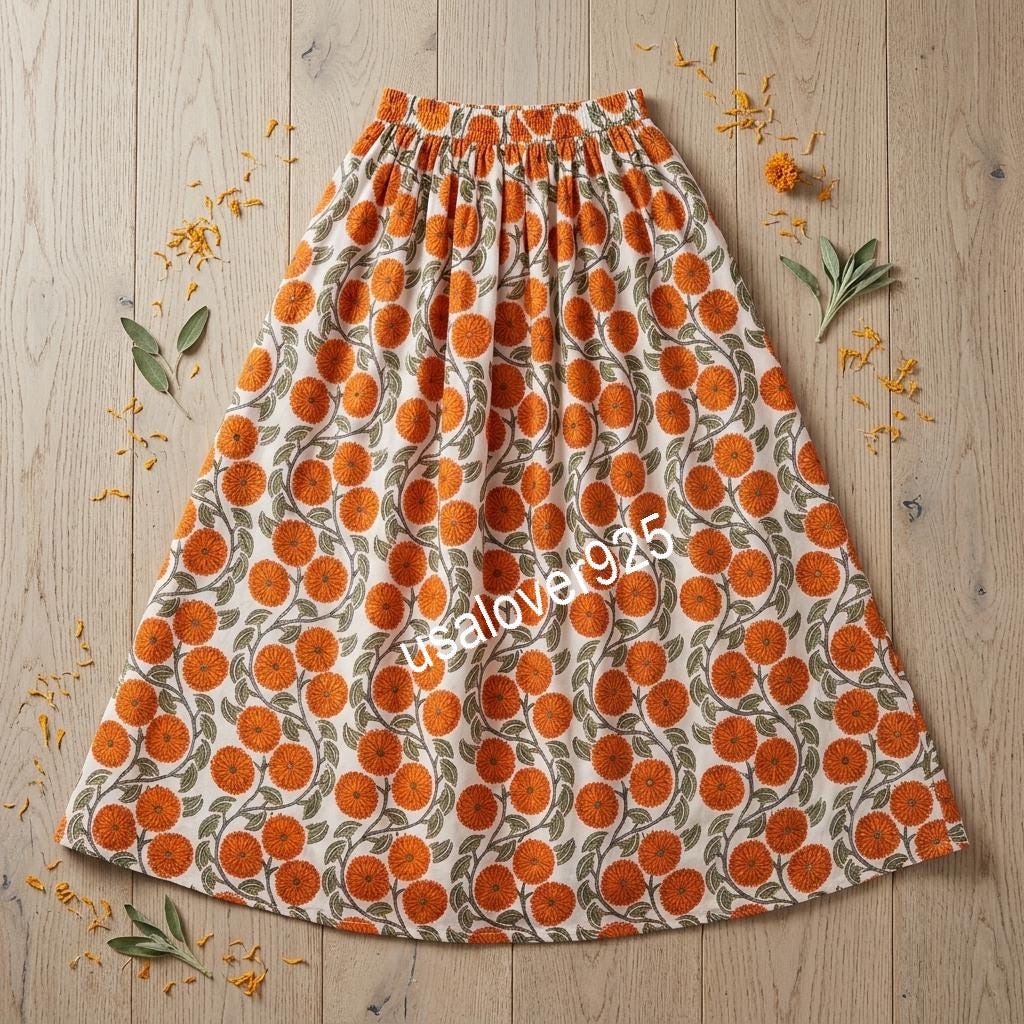 Handblock Printed Cotton Maxi Skirt, Orange Floral Boho, Flared Summer Apparel