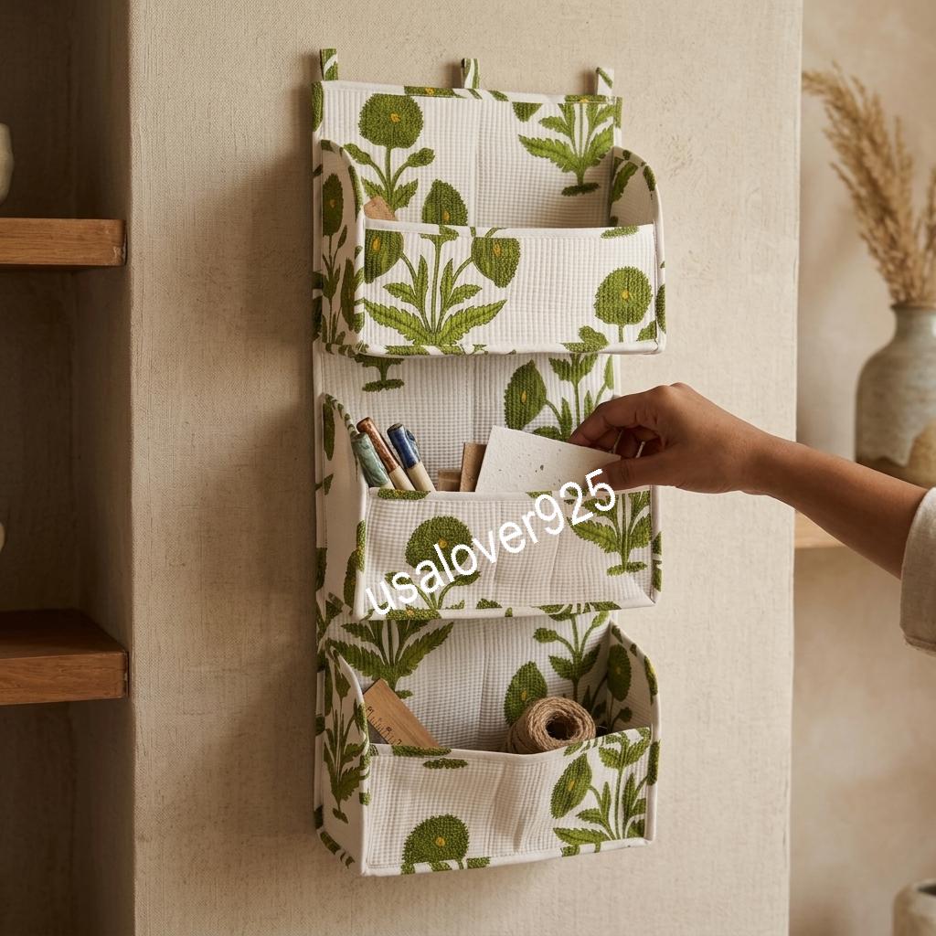Handmade Quilted Cotton Wall Organizer, Green Floral Hanging Storage, Botanical Print Door Hanger