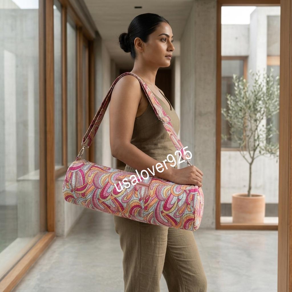 Handmade Quilted Cotton Yoga Mat Bag, Pink Retro Swirl Crossbody Sling Carrier