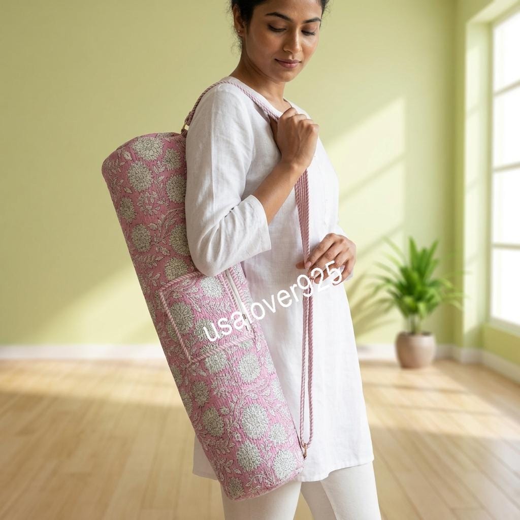 Quilted Yoga Mat Bag, Pink Floral Block Print Cotton, Handmade Pilates Gym Carrier