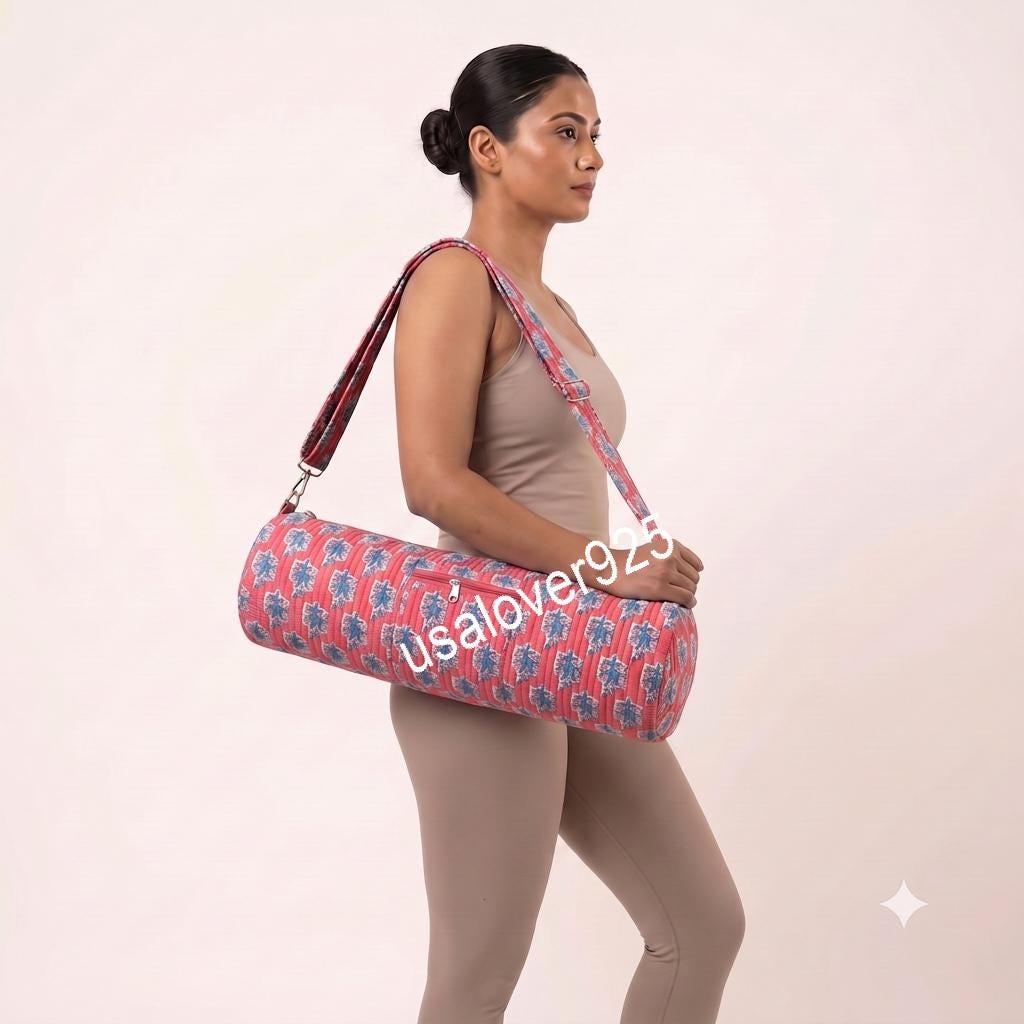 Quilted Yoga Mat Bag, Red Blue Floral Block Print Cotton Pilates Gym Carrier