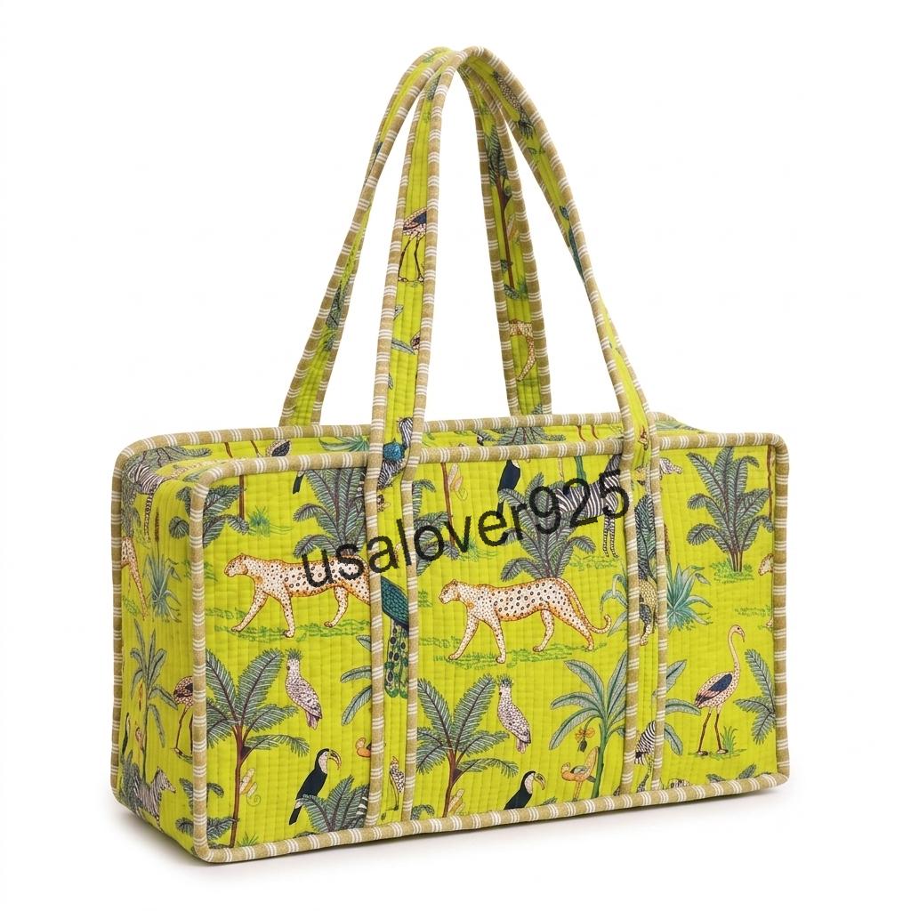 Mahjong Tile Bag, Quilted Lime Green Jungle Animal Print Carrier, Handmade Cotton Travel Tote