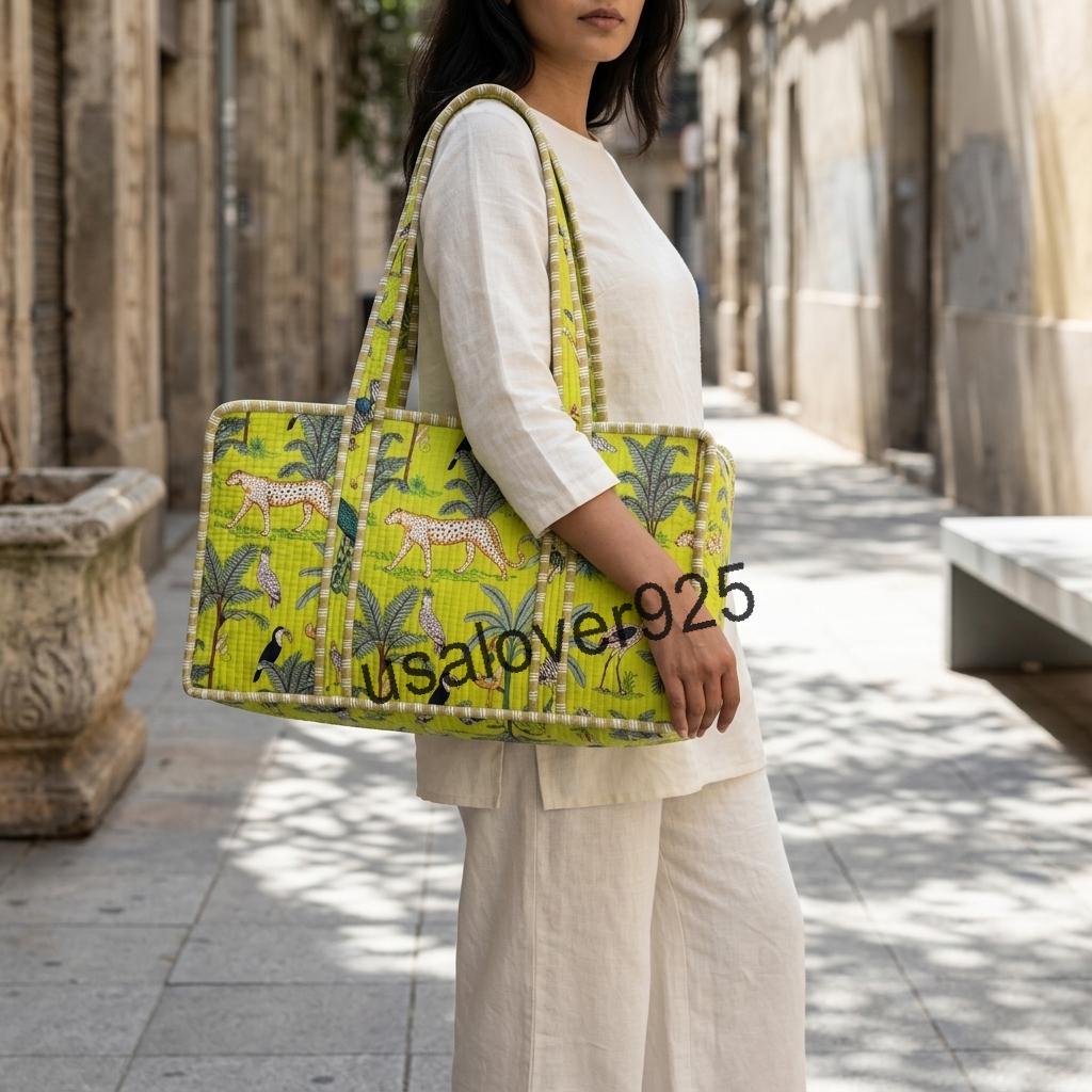 Mahjong Tile Bag, Quilted Lime Green Jungle Animal Print Carrier, Handmade Cotton Travel Tote