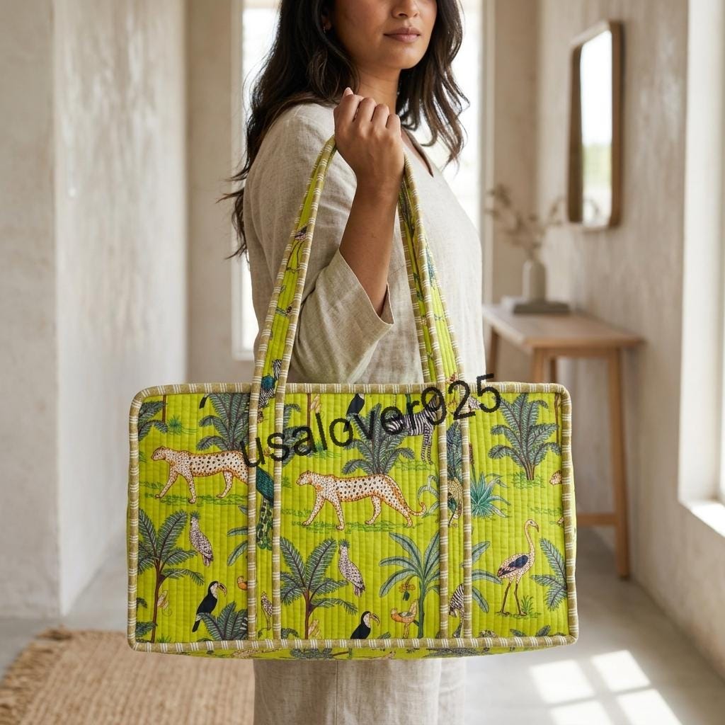 Mahjong Tile Bag, Quilted Lime Green Jungle Animal Print Carrier, Handmade Cotton Travel Tote
