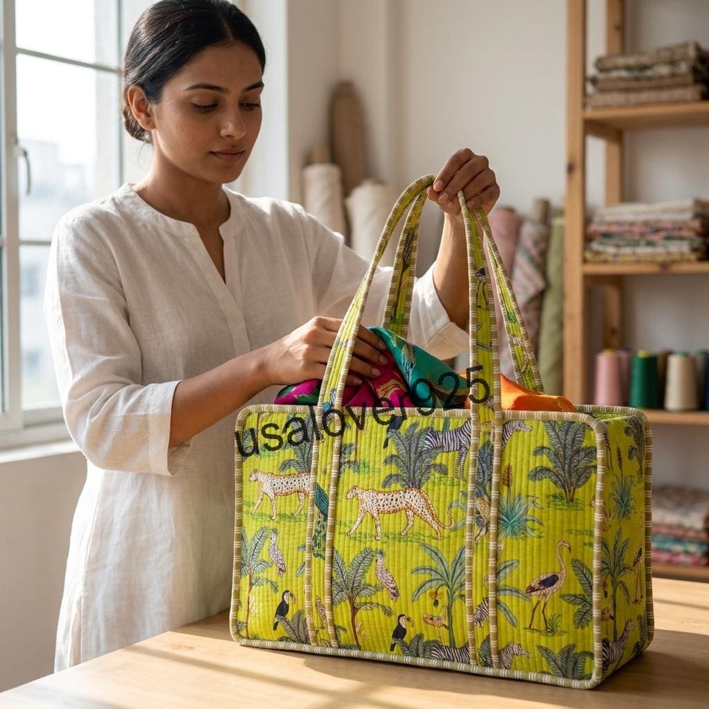 Mahjong Tile Bag, Quilted Lime Green Jungle Animal Print Carrier, Handmade Cotton Travel Tote