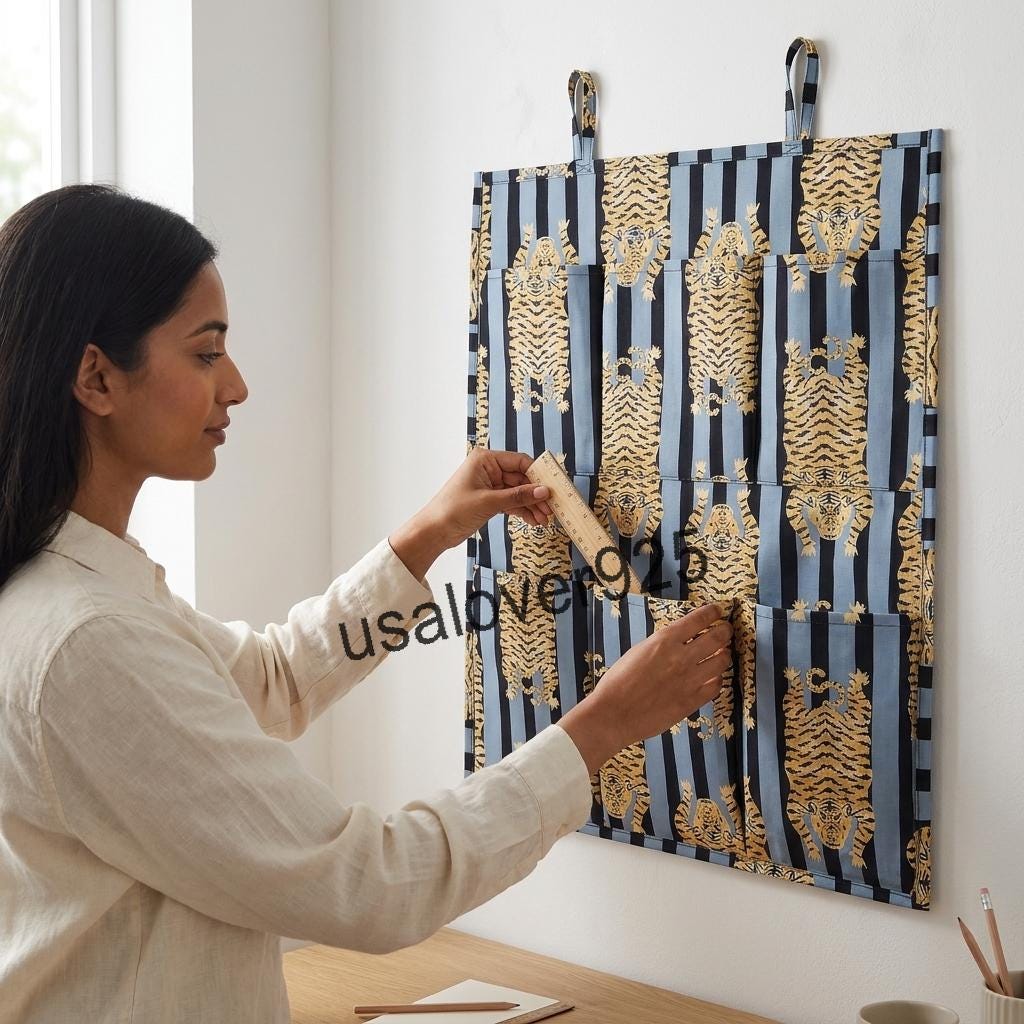 Quilted Wall Hanging Pocket Organizer, Tiger Stripe Animal Print Cotton Storage Hanger, Door Organizer