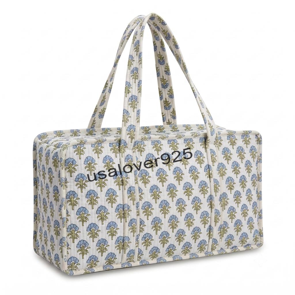 Quilted Cotton Mahjong Tile Bag: Blue Floral Block Print Travel Tote