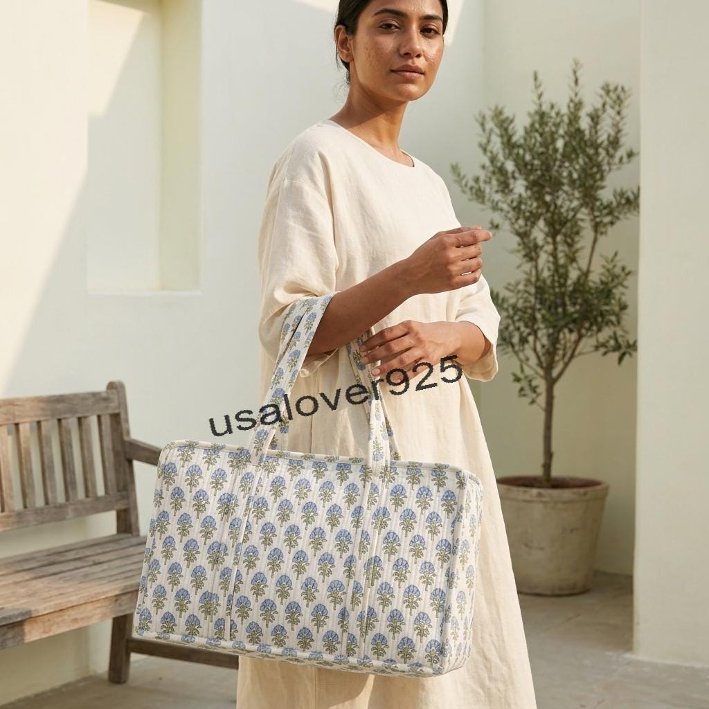 Quilted Cotton Mahjong Tile Bag: Blue Floral Block Print Travel Tote
