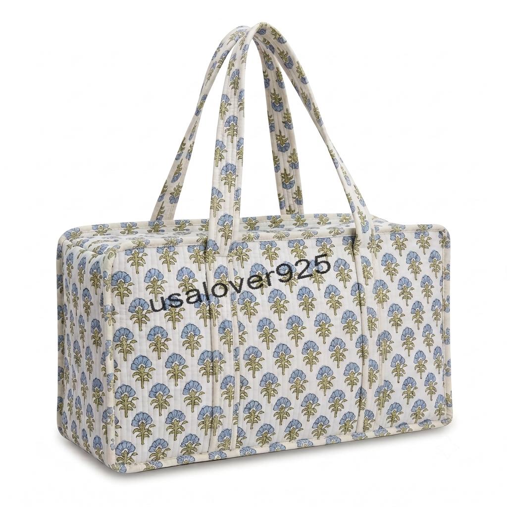 Quilted Cotton Mahjong Tile Bag: Blue Floral Block Print Travel Tote