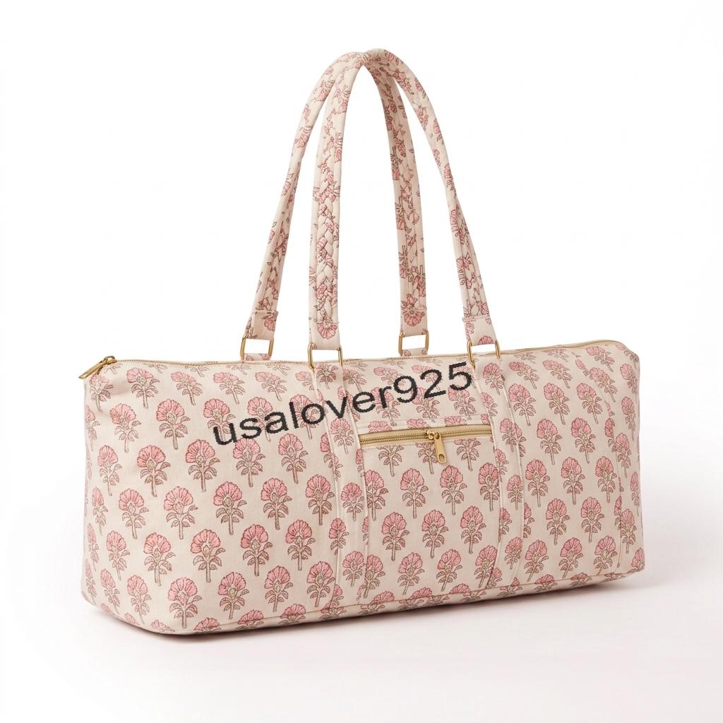 Handmade Quilted Cotton Yoga Mat Bag: Pink Floral Block Print Travel Tote