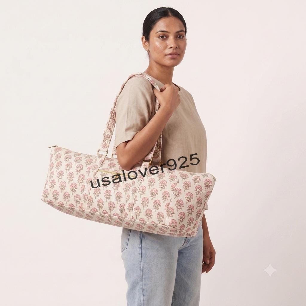 Handmade Quilted Cotton Yoga Mat Bag: Pink Floral Block Print Travel Tote