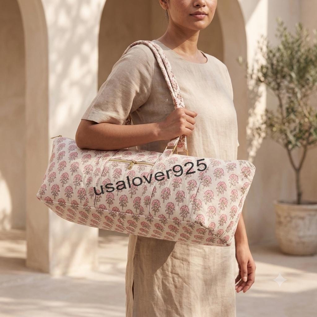 Handmade Quilted Cotton Yoga Mat Bag: Pink Floral Block Print Travel Tote