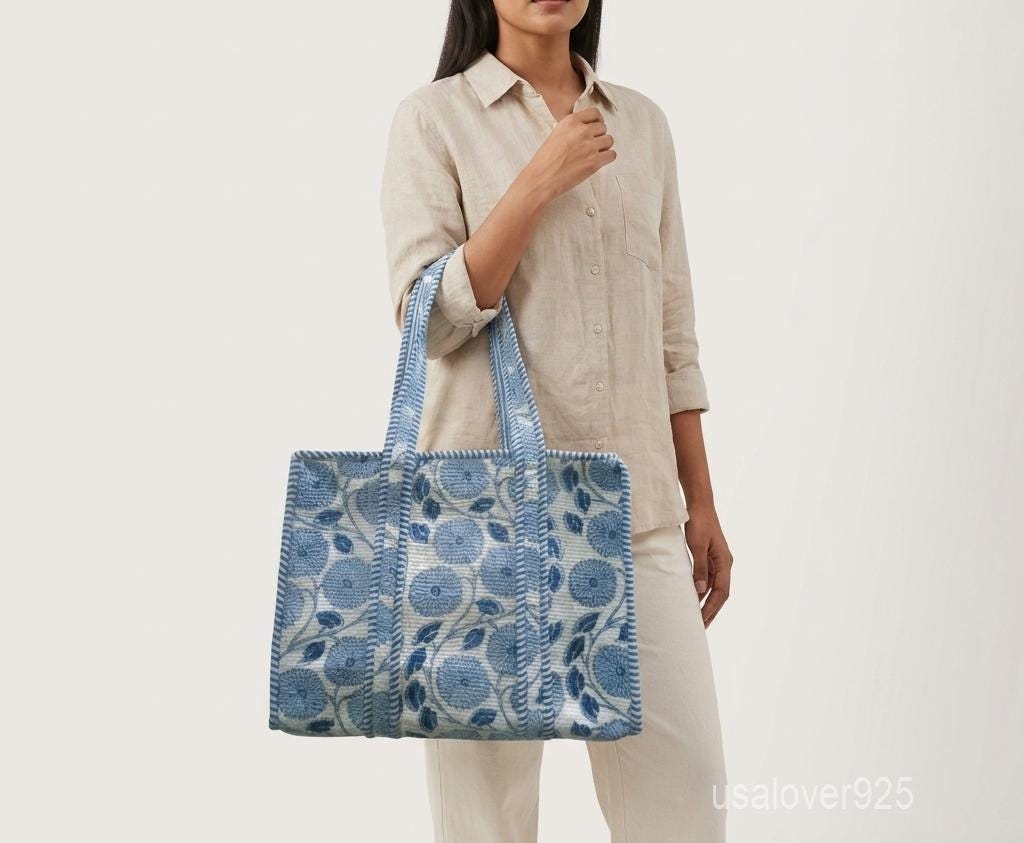 Handmade Quilted Cotton Tote Bag, Blue White Floral Carryall, Travel Shopper, Shoulder Purse