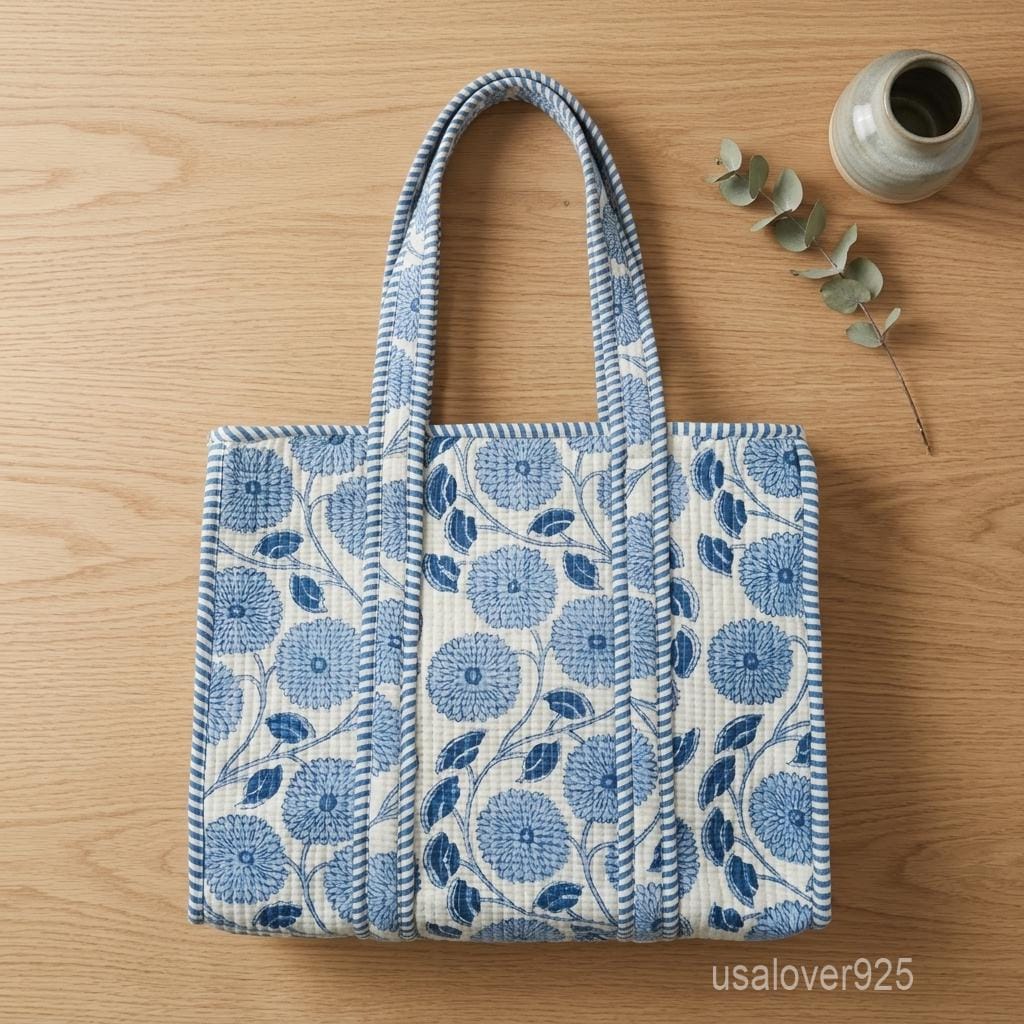 Handmade Quilted Cotton Tote Bag, Blue White Floral Carryall, Travel Shopper, Shoulder Purse