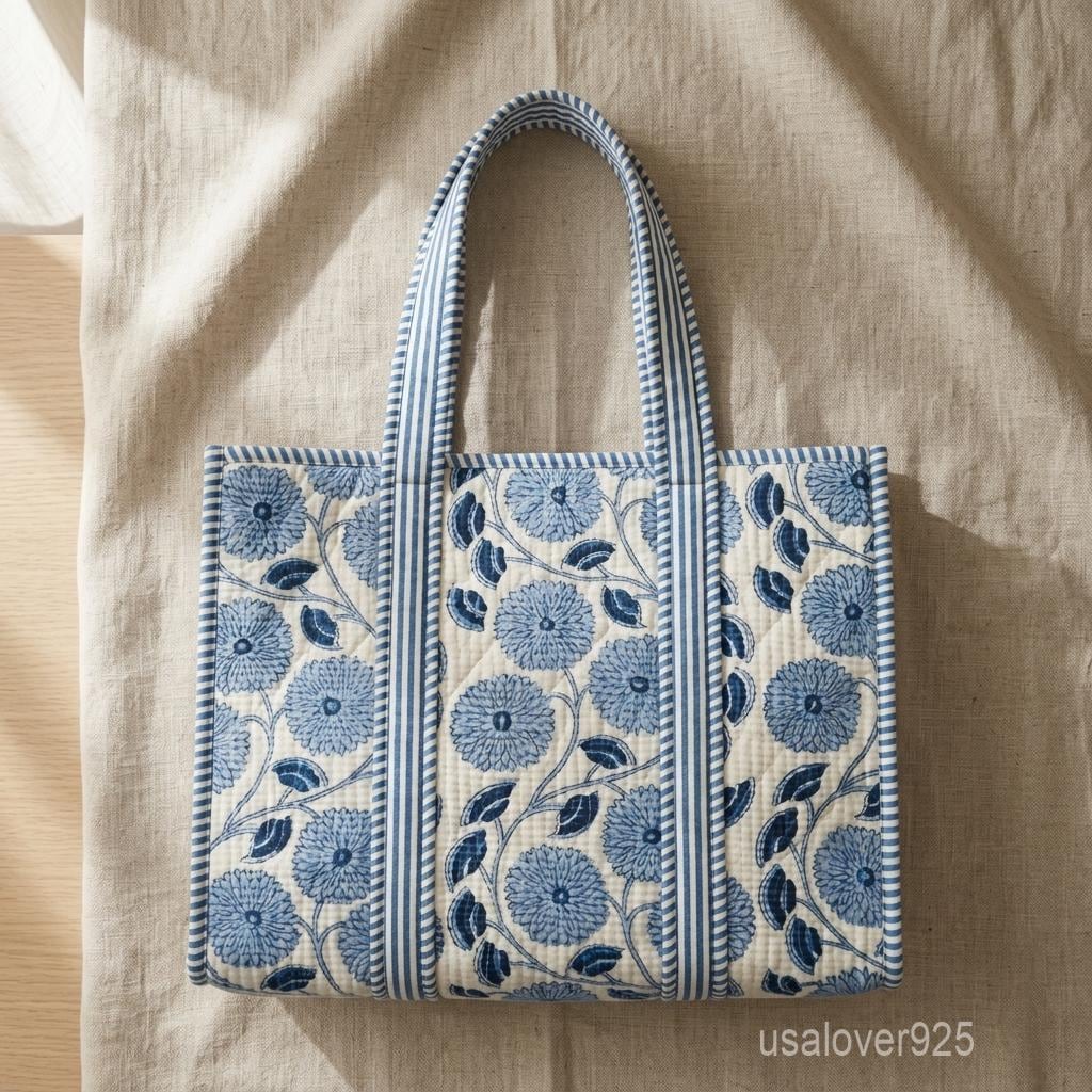Handmade Quilted Cotton Tote Bag, Blue White Floral Carryall, Travel Shopper, Shoulder Purse