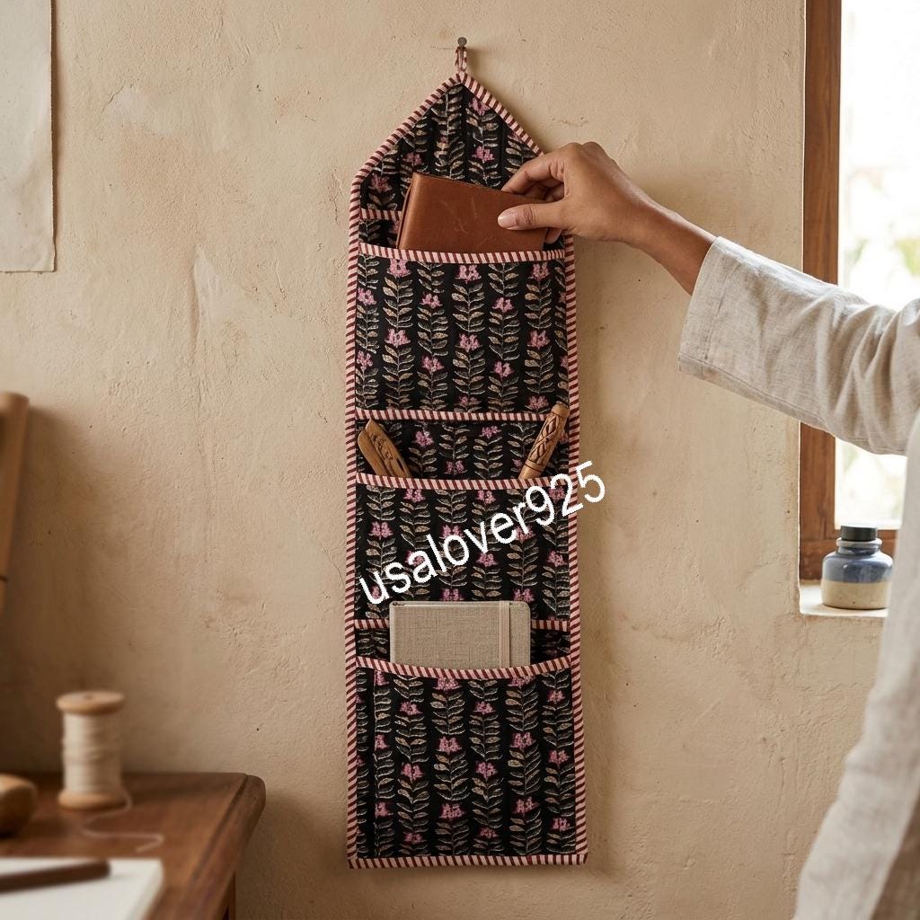 Handblock Printed Cotton Wall Organizer, Black Floral Pockets, Hanging Storage Home Decor