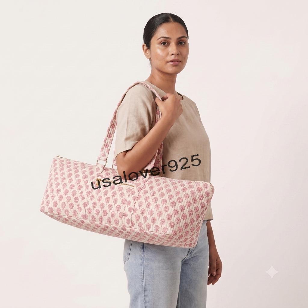 Hand Block Print Quilted Cotton Duffel Bag: Boho Yoga Mat Travel Tote