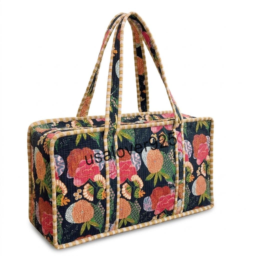 Handmade Quilted Cotton Mahjong Tile Bag: Floral Block Print Travel Tote