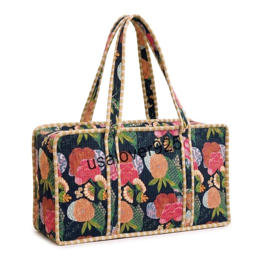 Handmade Quilted Cotton Mahjong Tile Bag: Floral Block Print Travel Tote