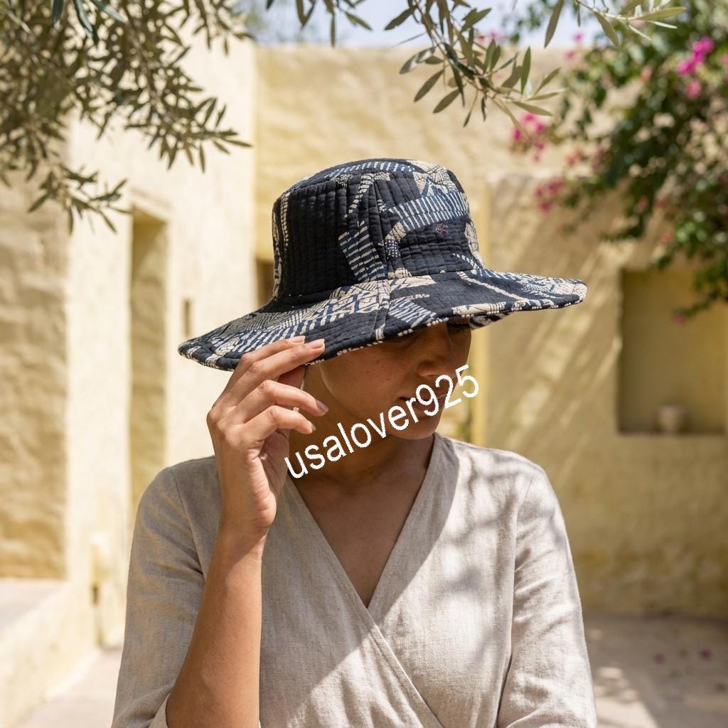 Handmade Quilted Cotton Sun Hat, Black Cat Print Wide Brim Bucket Cap