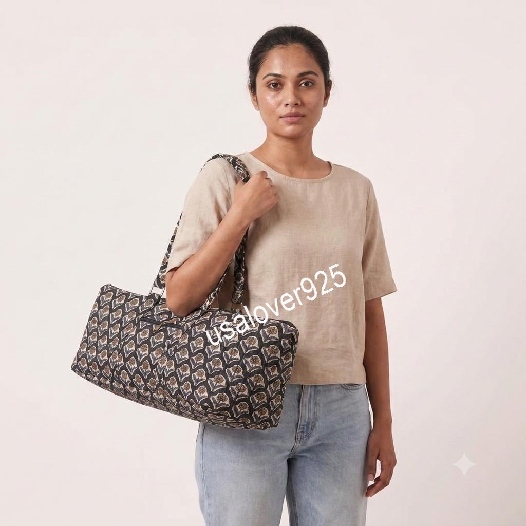Quilted Cotton Duffle Bag, Black Floral Travel Tote, Block Print Weekender, Zipper Pocket Carryall