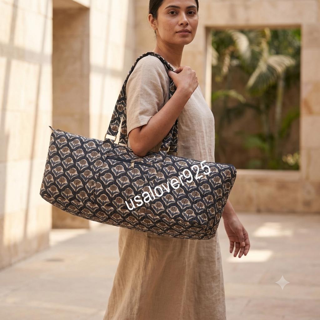 Quilted Cotton Duffle Bag, Black Floral Travel Tote, Block Print Weekender, Zipper Pocket Carryall