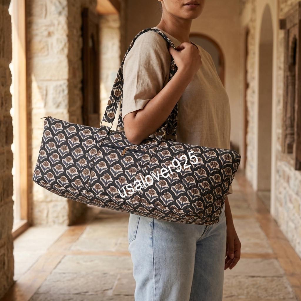 Quilted Cotton Duffle Bag, Black Floral Travel Tote, Block Print Weekender, Zipper Pocket Carryall