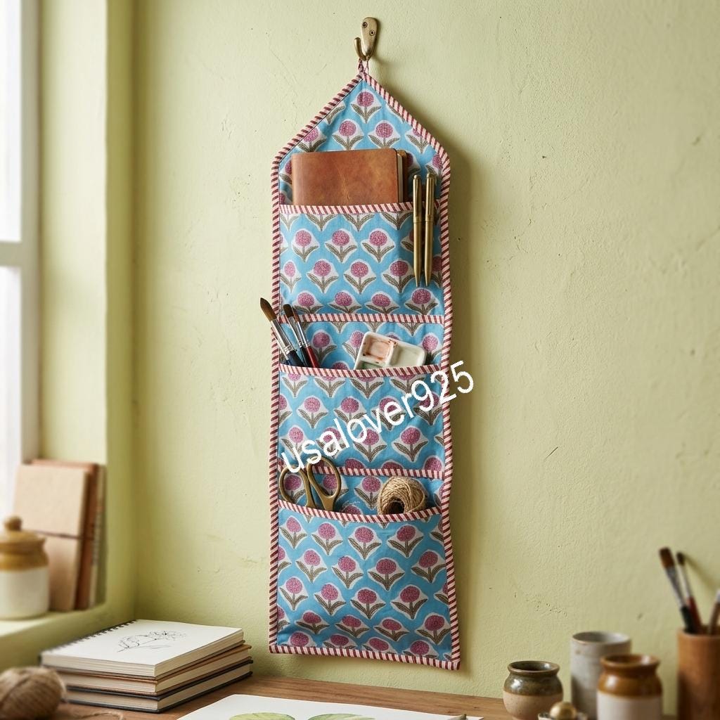 Handmade Cotton Floral Hanging Wall Organizer: 3-Tier Pocket Door Storage