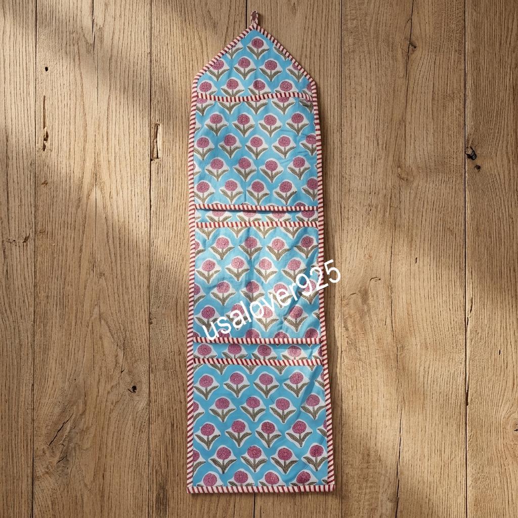 Handmade Cotton Floral Hanging Wall Organizer: 3-Tier Pocket Door Storage