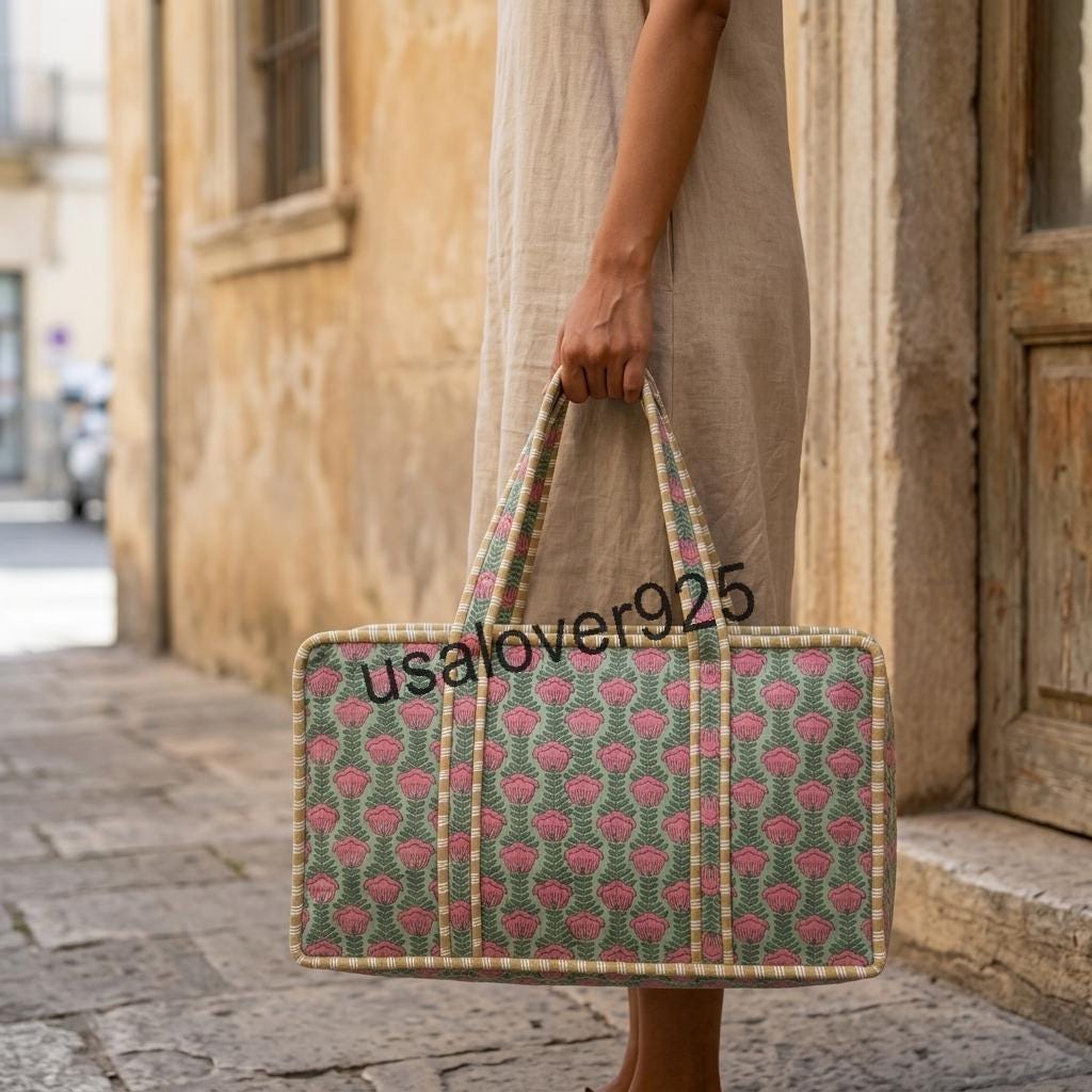 Hand Block Print Quilted Cotton Mahjong Tile Bag – Floral Travel Tote