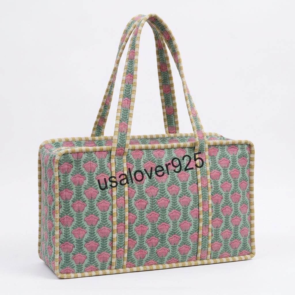 Hand Block Print Quilted Cotton Mahjong Tile Bag – Floral Travel Tote