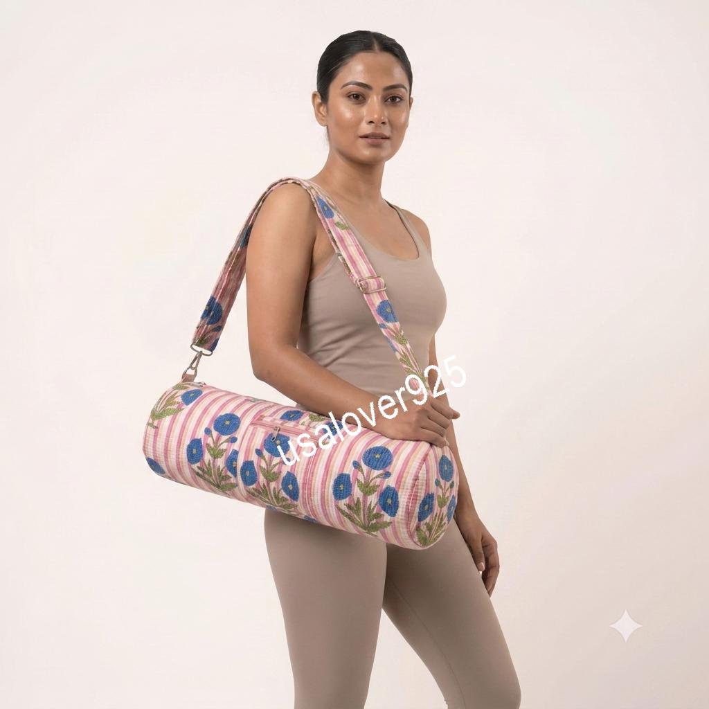 Quilted Cotton Yoga Mat Bag, Pink Stripe Blue Floral Carrier, Crossbody Sling Holder